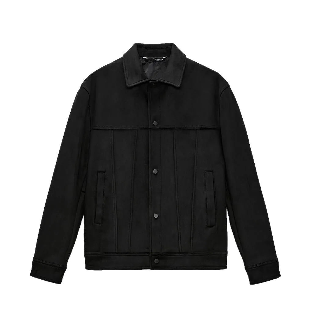 Men's black hooded jacket with suede collar and side seam pockets