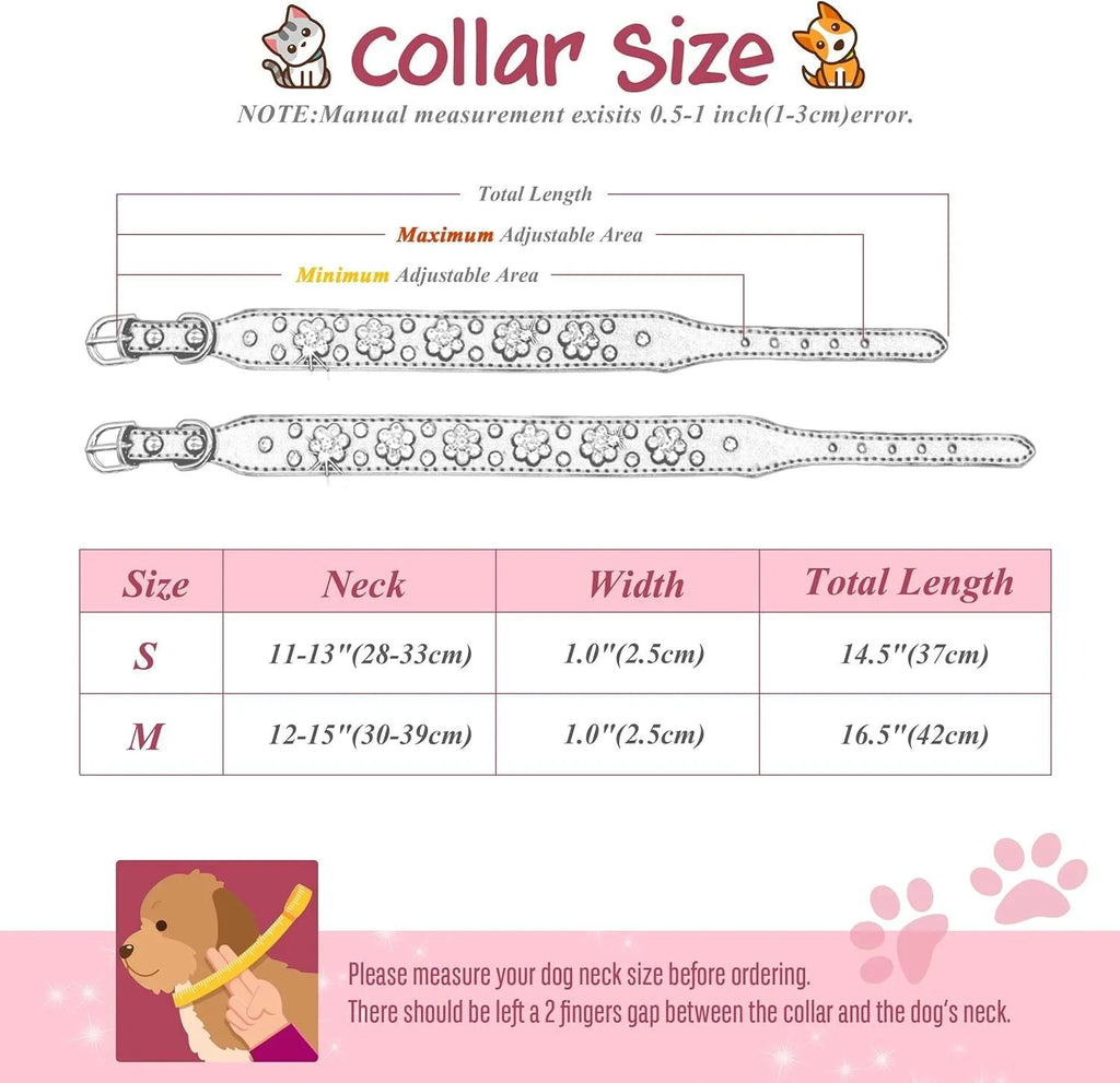 Black PU leather dog collar with sparkling rhinestone flower pattern and metal D-ring