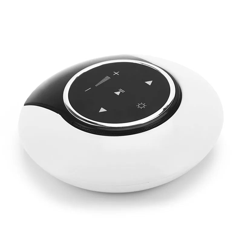 Blue folding Bluetooth speaker desk lamp with touch controls showing white, yellow, and blue LED lighting options