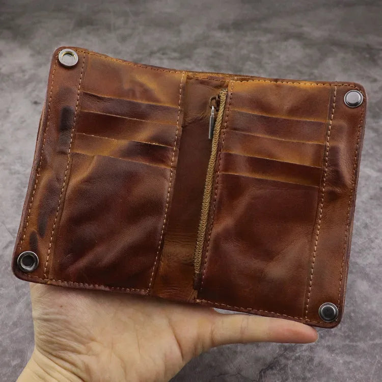 Men's genuine leather retro long wallet with multiple card slots in vertical square shape