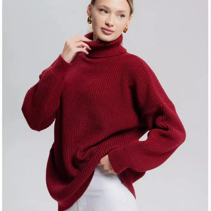 Women's sky blue loose high neck pullover sweater made from thick imitation cashmere fabric.