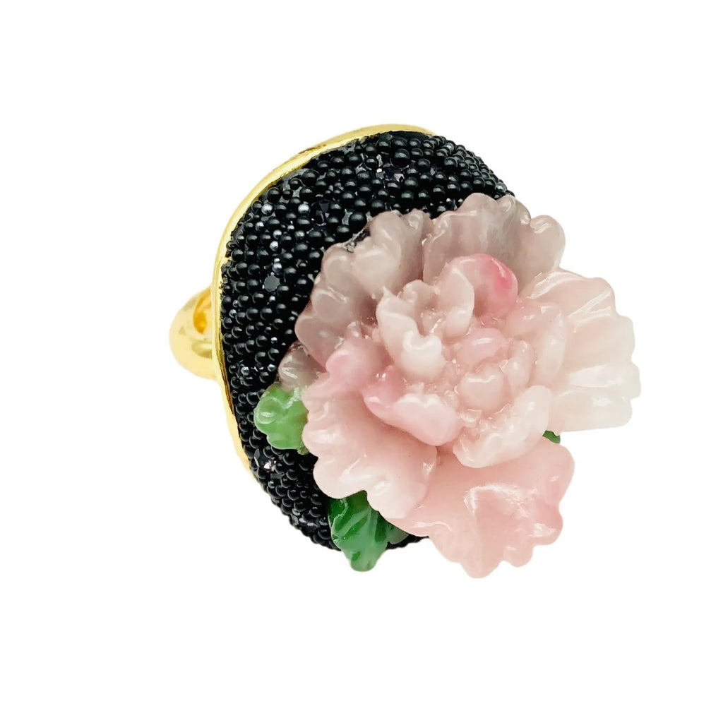Adjustable peony flower ring for women, alloy with diamond setting, floral design