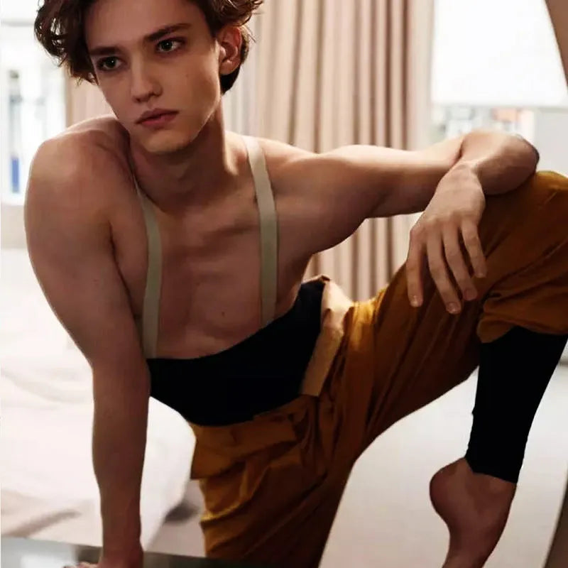 Men's ballet leotard practice suit high-waist suspender tights nylon blend solid colour black size S to XXL