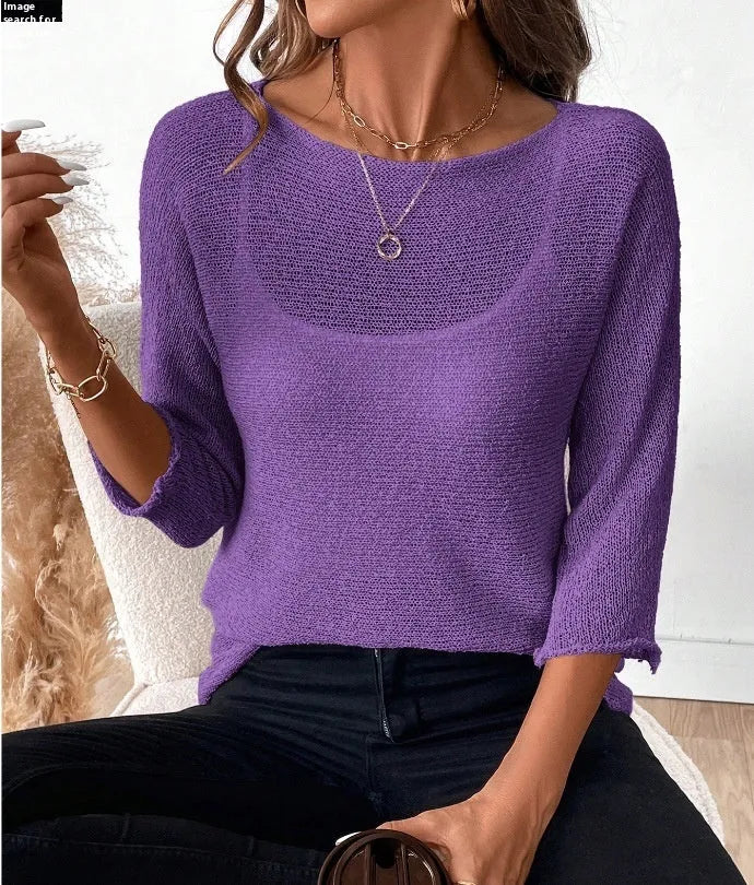 Women's thin knitted off-shoulder jumper in lavender purple with a 3D pattern and 3/4 sleeves.