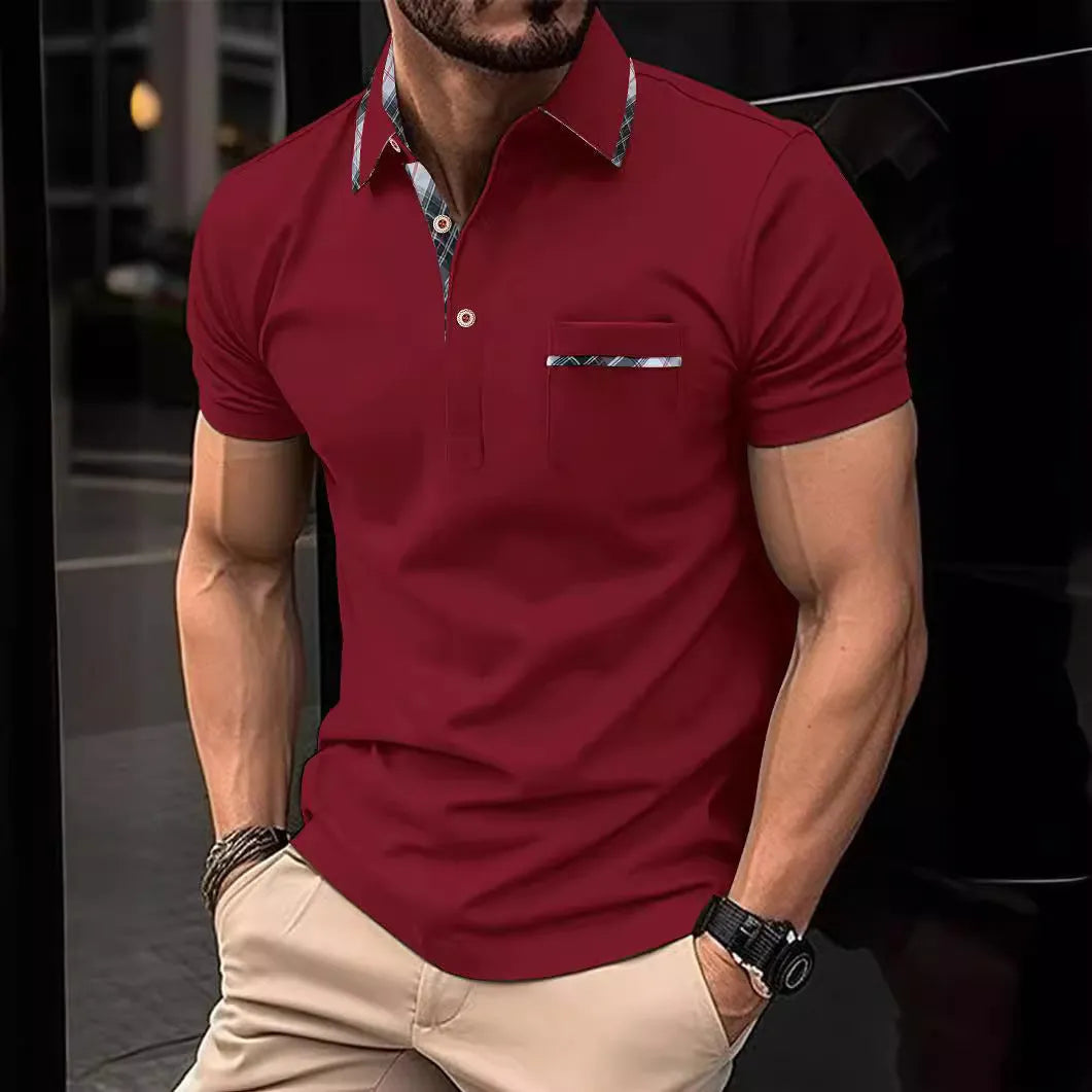 European and American lapel polo shirt with bird eye cloth fabric, asymmetric dot pattern, short sleeves, available in black