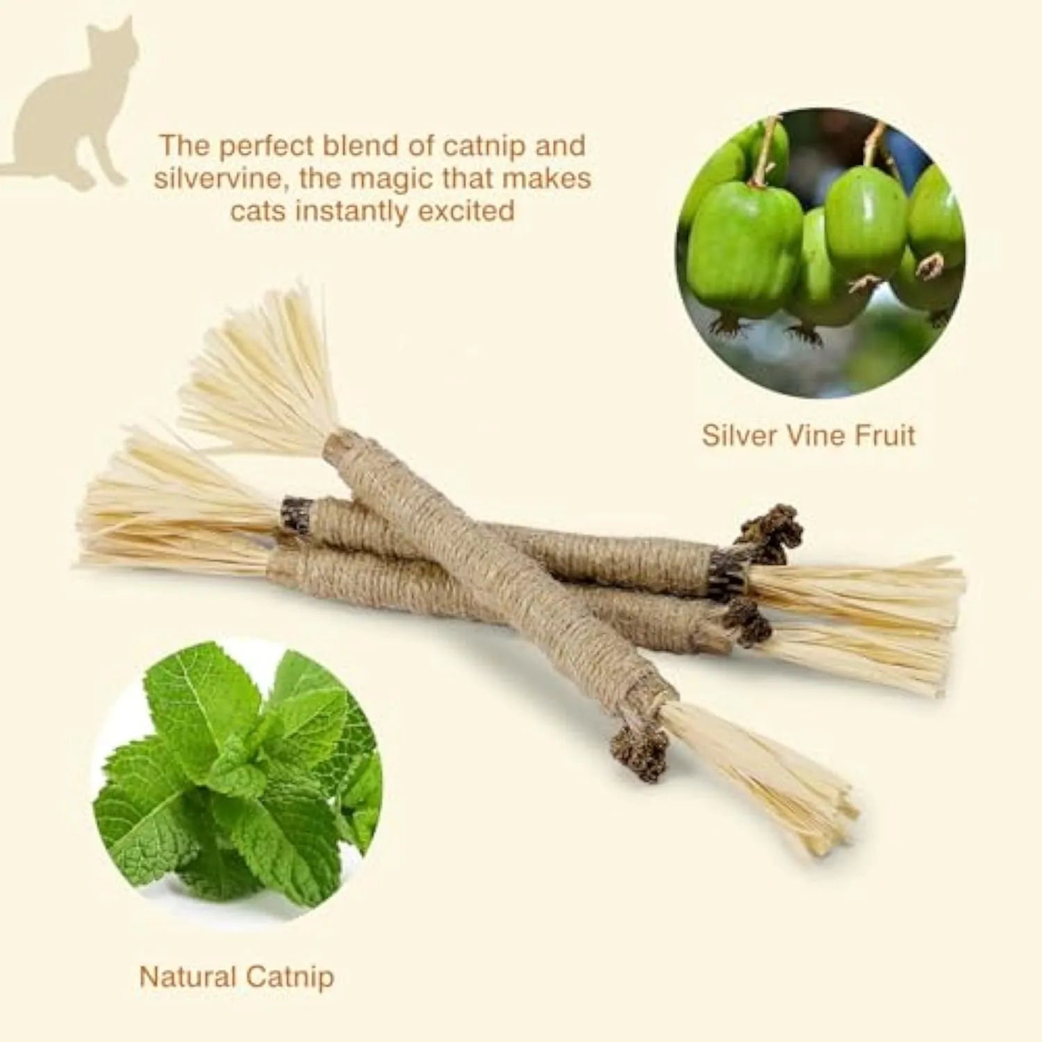 Three natural silvervine chew sticks for cats on a wooden surface, showing thick and fine diameter options