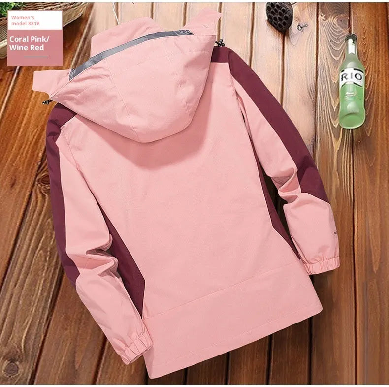Men's solid colour polyester fibre waterproof windbreaker jacket in black shown front view, suitable for hiking and camping