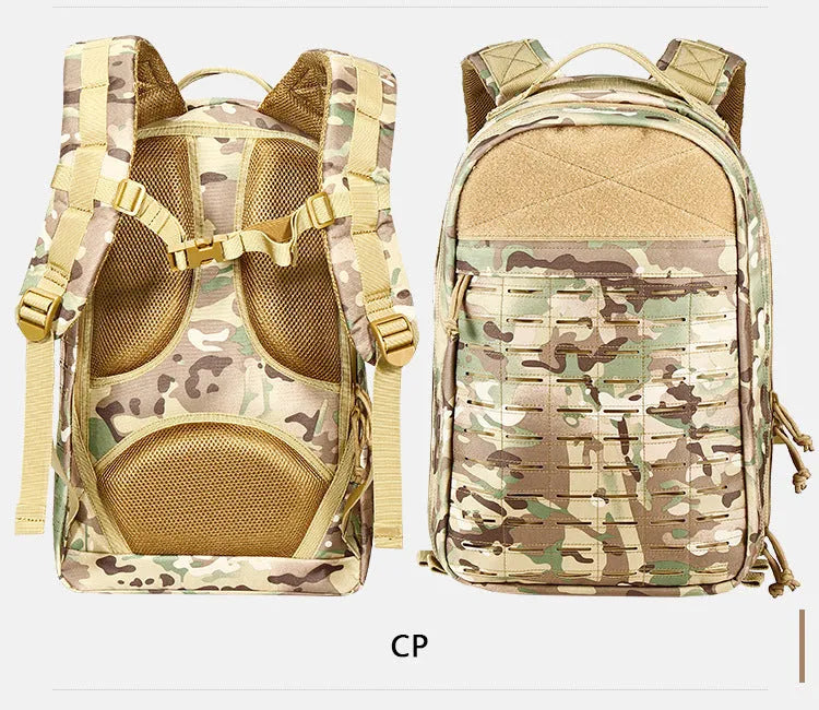 Outdoor hiking backpack in camouflage 600D polyester with 36-55L capacity and ergonomic shoulder strap