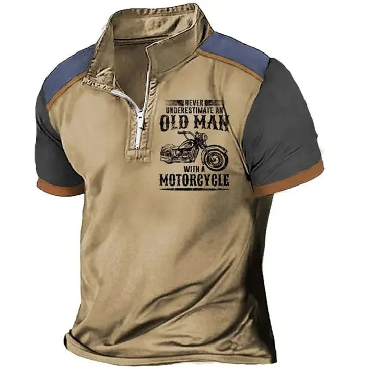 Men's casual polo shirt with lapel, zip decorations, and digital letter print in various colours.