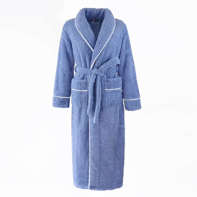 Men's and women's thick flannel bathrobe couple set in winter colours with extended plus sizing