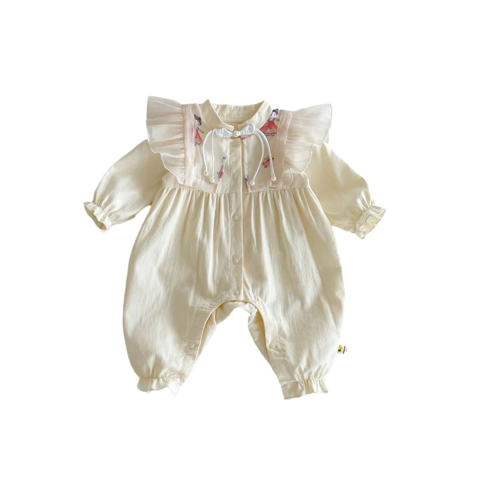 Baby cotton jumpsuit in apricot colour, long climbing style with pullover closure, suitable for heights 66cm to 100cm