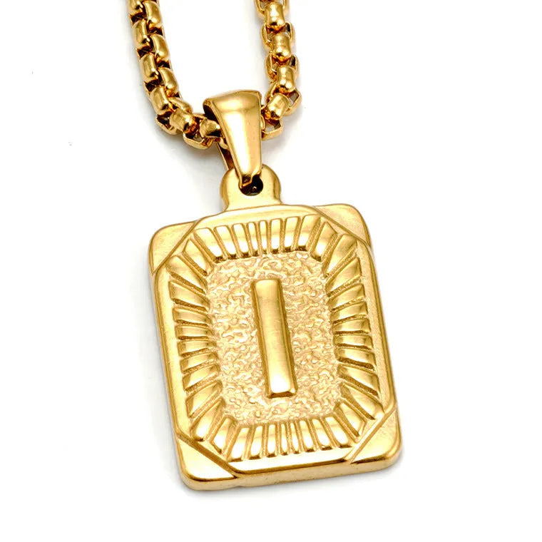 Gold-plated 18K titanium steel letter pendant necklace with pearl chain, gold colour, unisex design