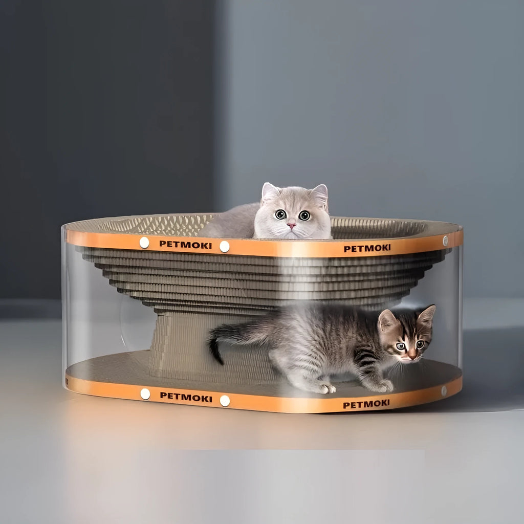 White transparent diamond pattern PVC tunnel and corrugated board cat scratch nest