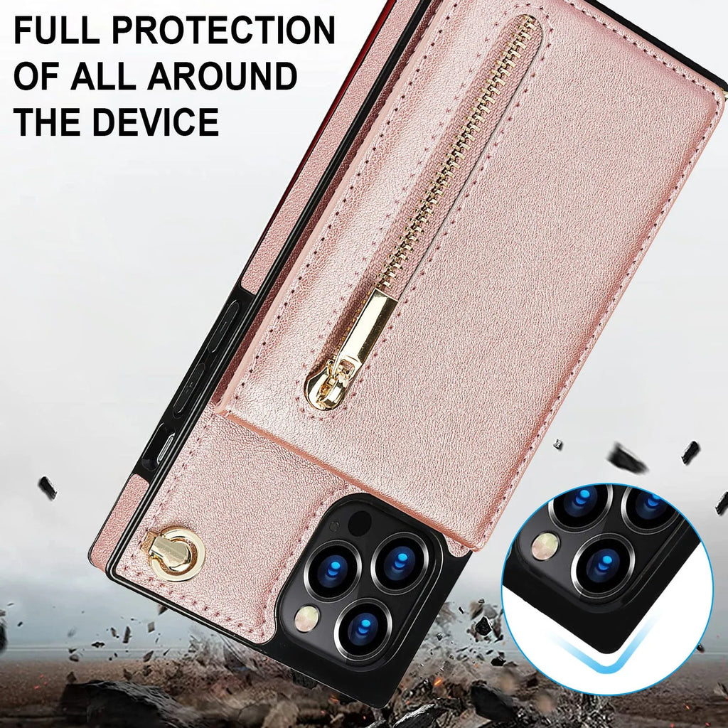 Leather mobile phone case in solid colour options including black, purple, and rose gold.