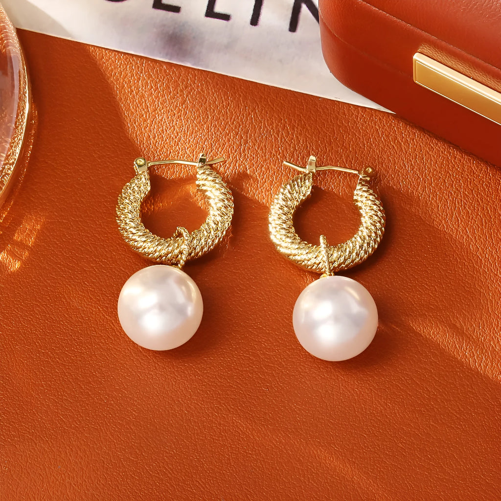 Geometric round copper earrings with real gold plating in white colour for women