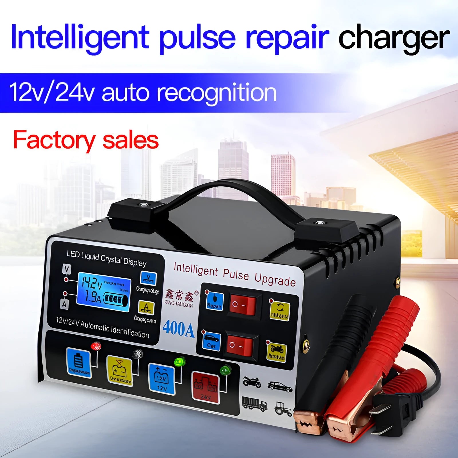 Liuxian 400A fully automatic truck battery fast charger in black casing with EU plug