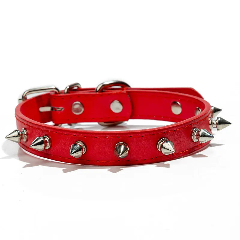 Colourful studded dog collar with metal spikes on thickened PU leather, showing alloy metal fastener and six colour options