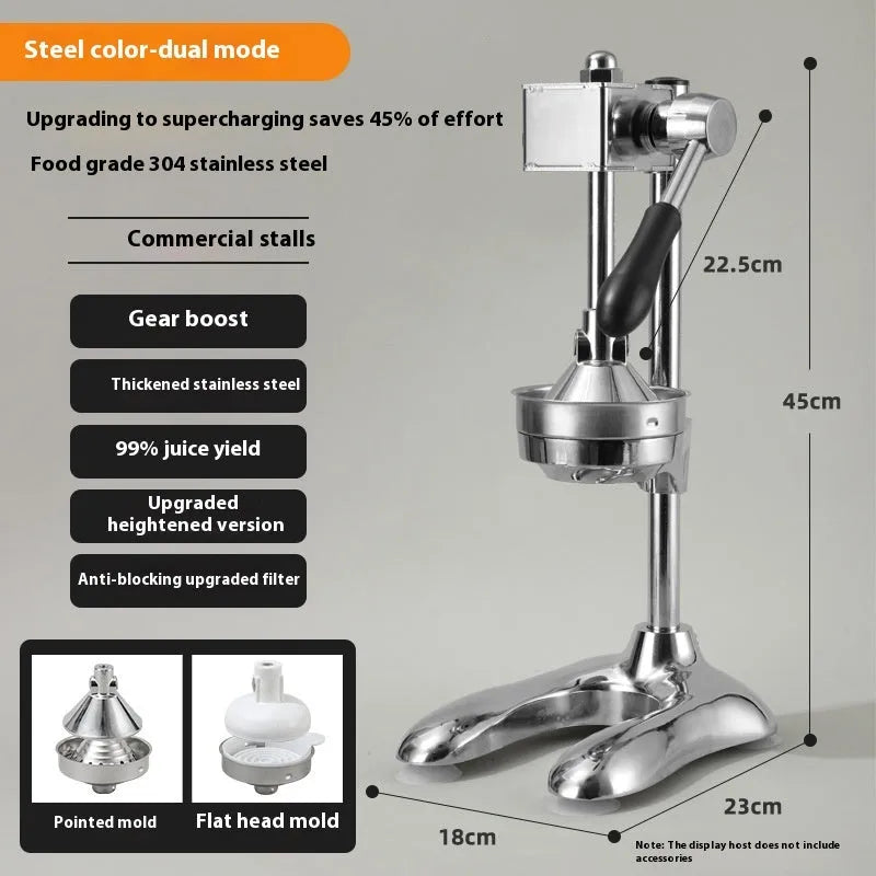 Vertical stainless steel manual juicer with zinc alloy frame in multiple colour options