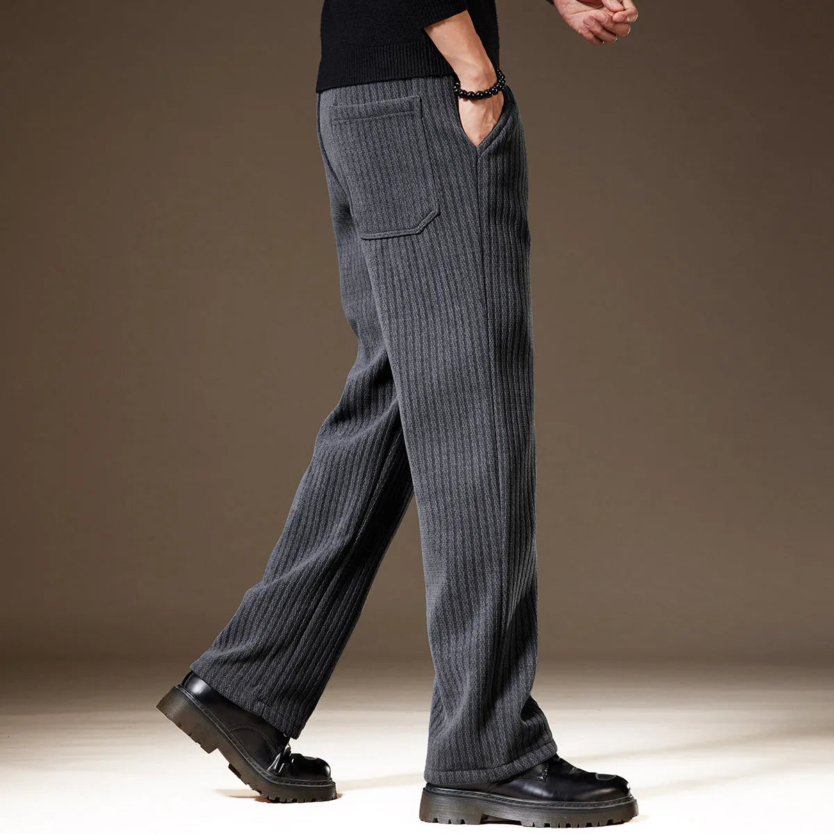Thick stripe velvet heavy corduroy straight casual pants for men, khaki colour, polyester fibre fabric
