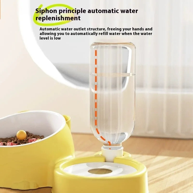 Double bowl plastic pet food and water basin in haze blue, milky yellow, pink, or grass green
