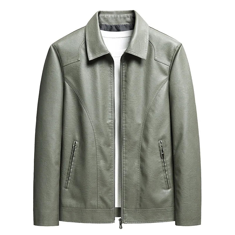Men's loose fit PU leather cardigan jacket in black with zipper front and patch pocket