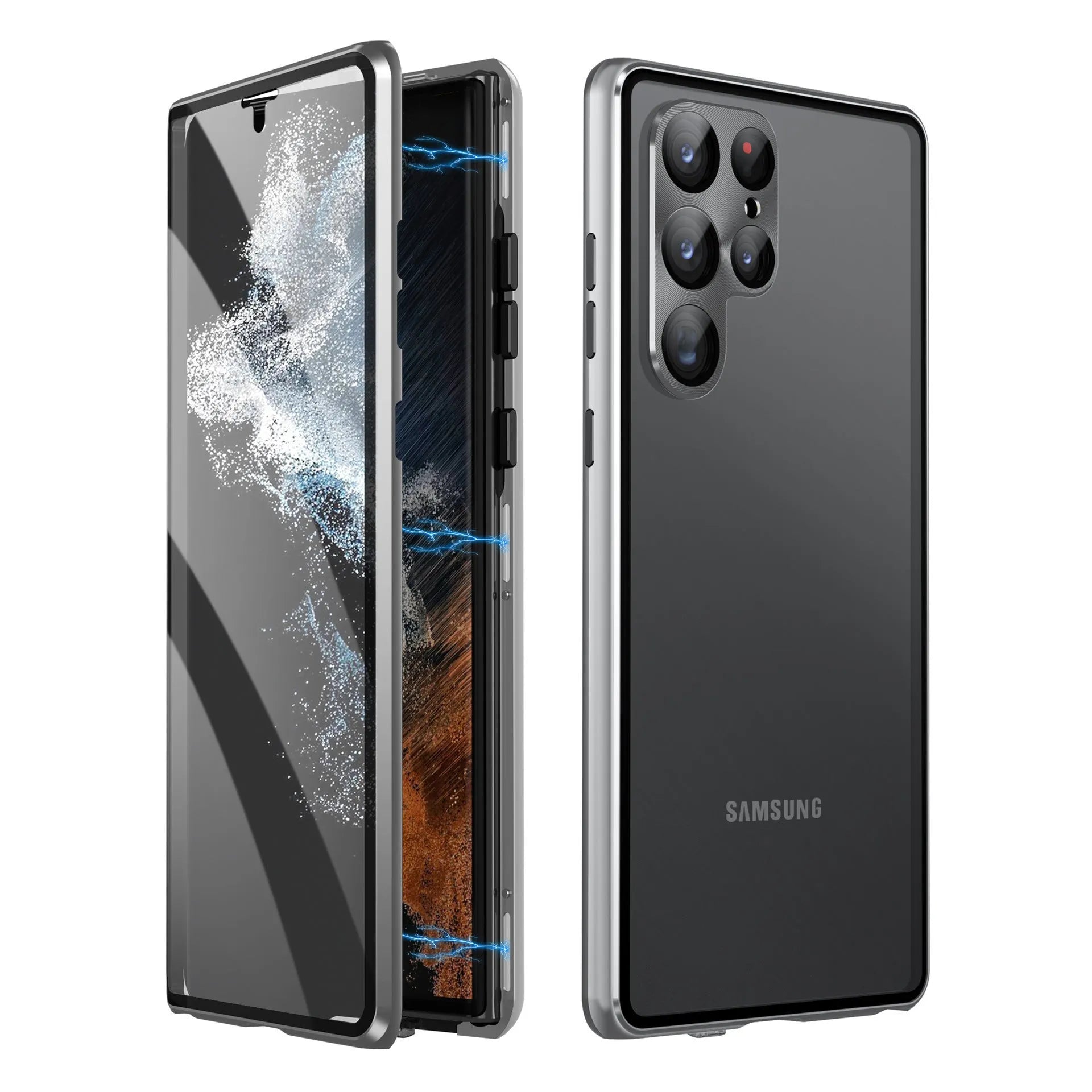 Peep-proof magnetic mirror phone case for Samsung S24 Ultra in black metal construction