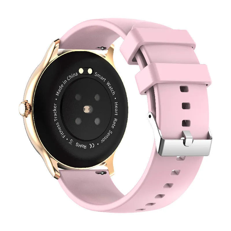 Black smart watch with blood pressure monitoring on a wrist, showing a 1.28-inch touch screen display.