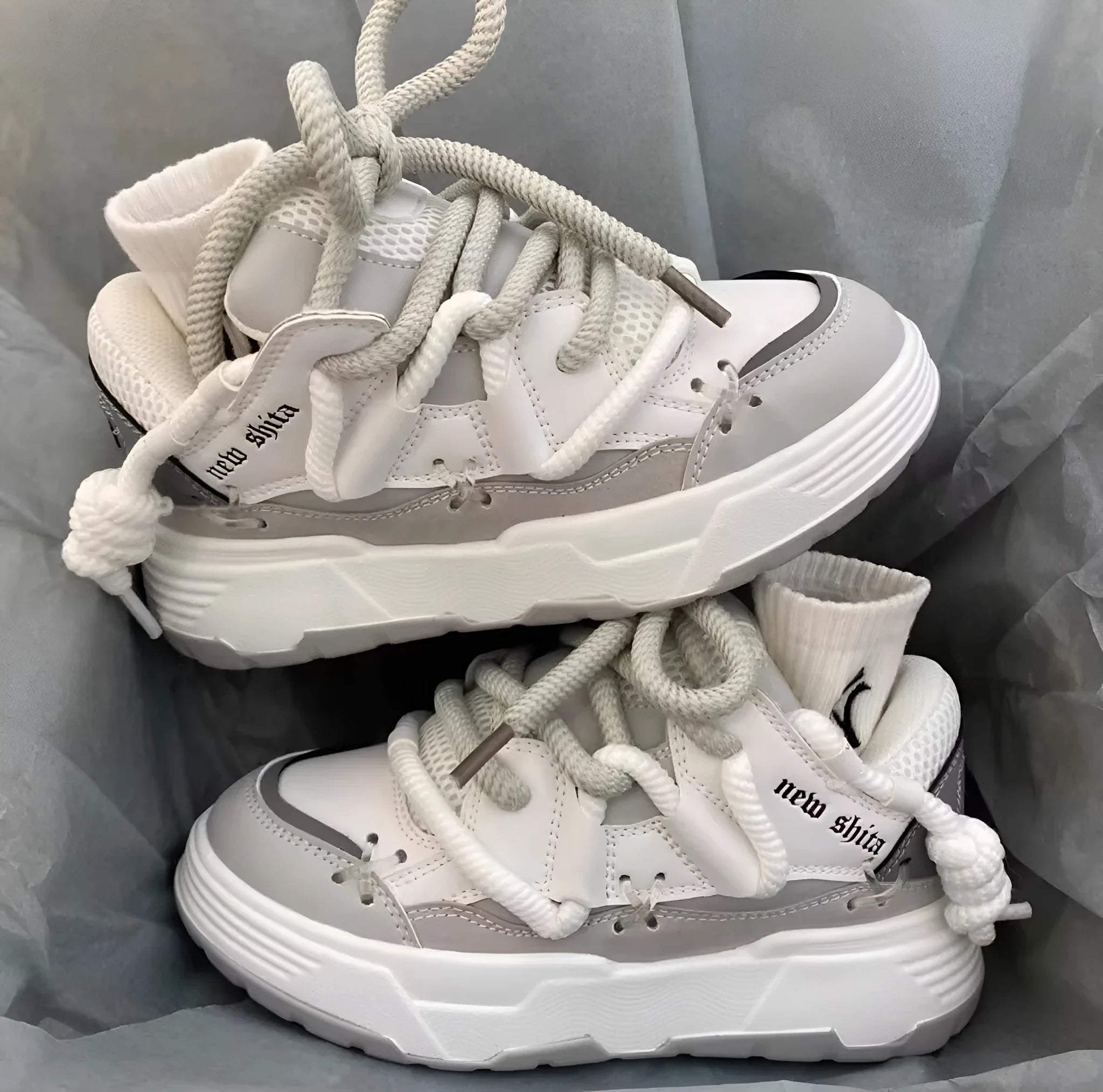 Women's grey thick sole retro sneakers with round toe and front tie-up fastening