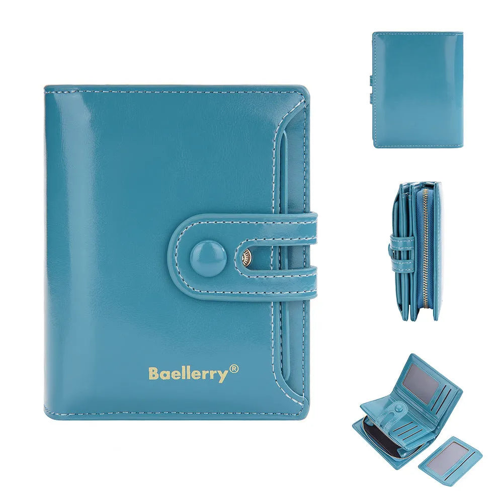 Women's PU leather card holder wallet shown in multiple colour options including black, pink, and blue.