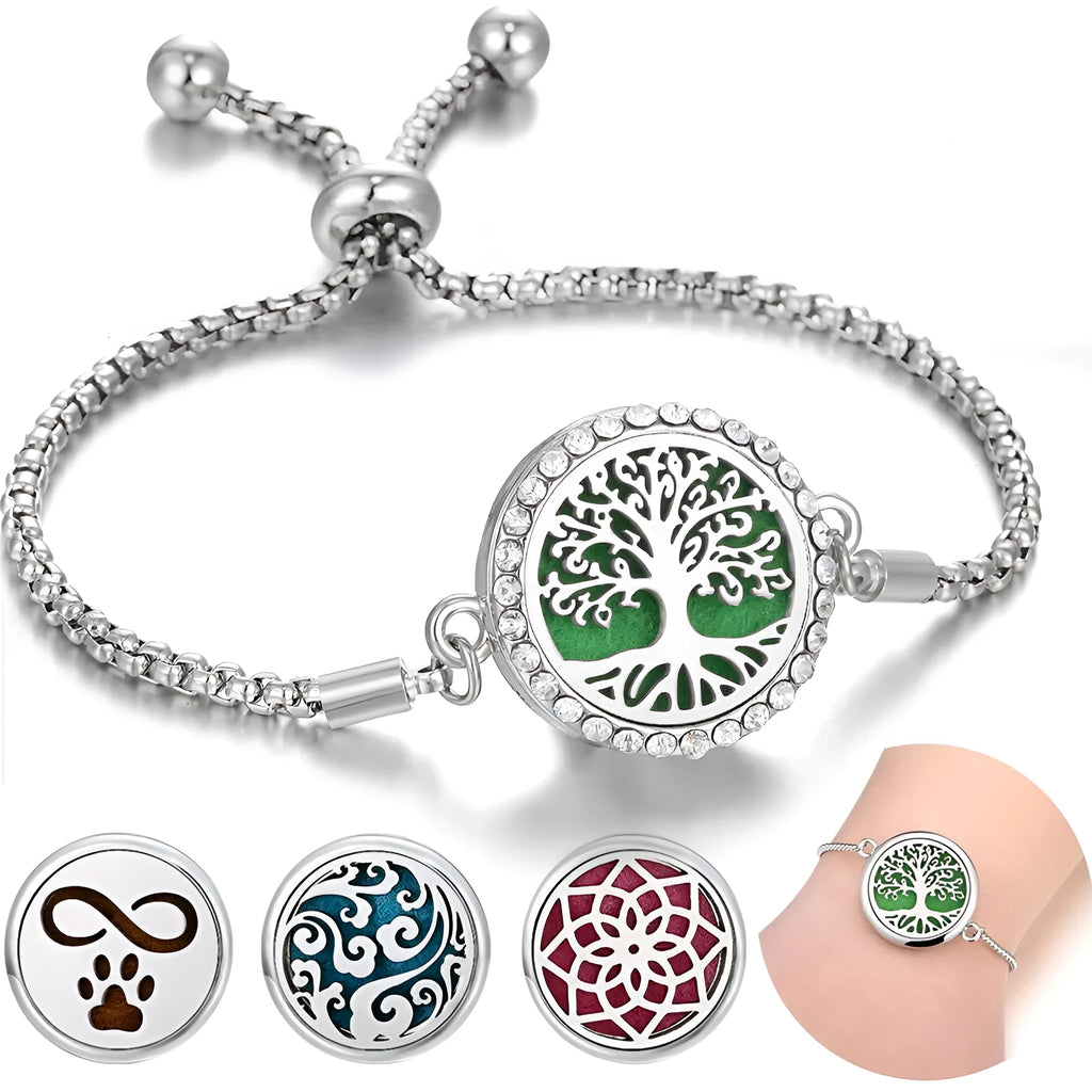 Hollow stainless steel adjustable aromatherapy bracelet with 20mm box diameter and electroplated alloy finish on white background