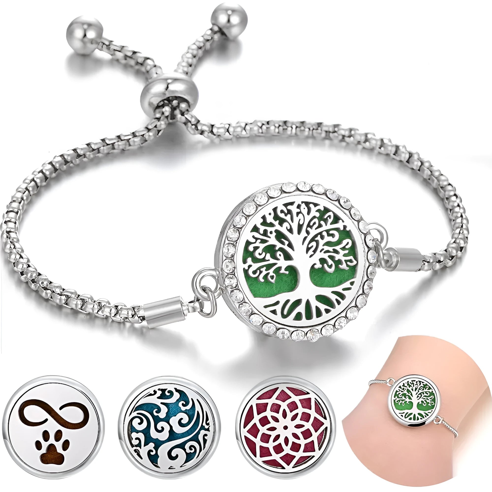 Hollow stainless steel adjustable aromatherapy bracelet with 20mm box diameter and electroplated alloy finish on white background