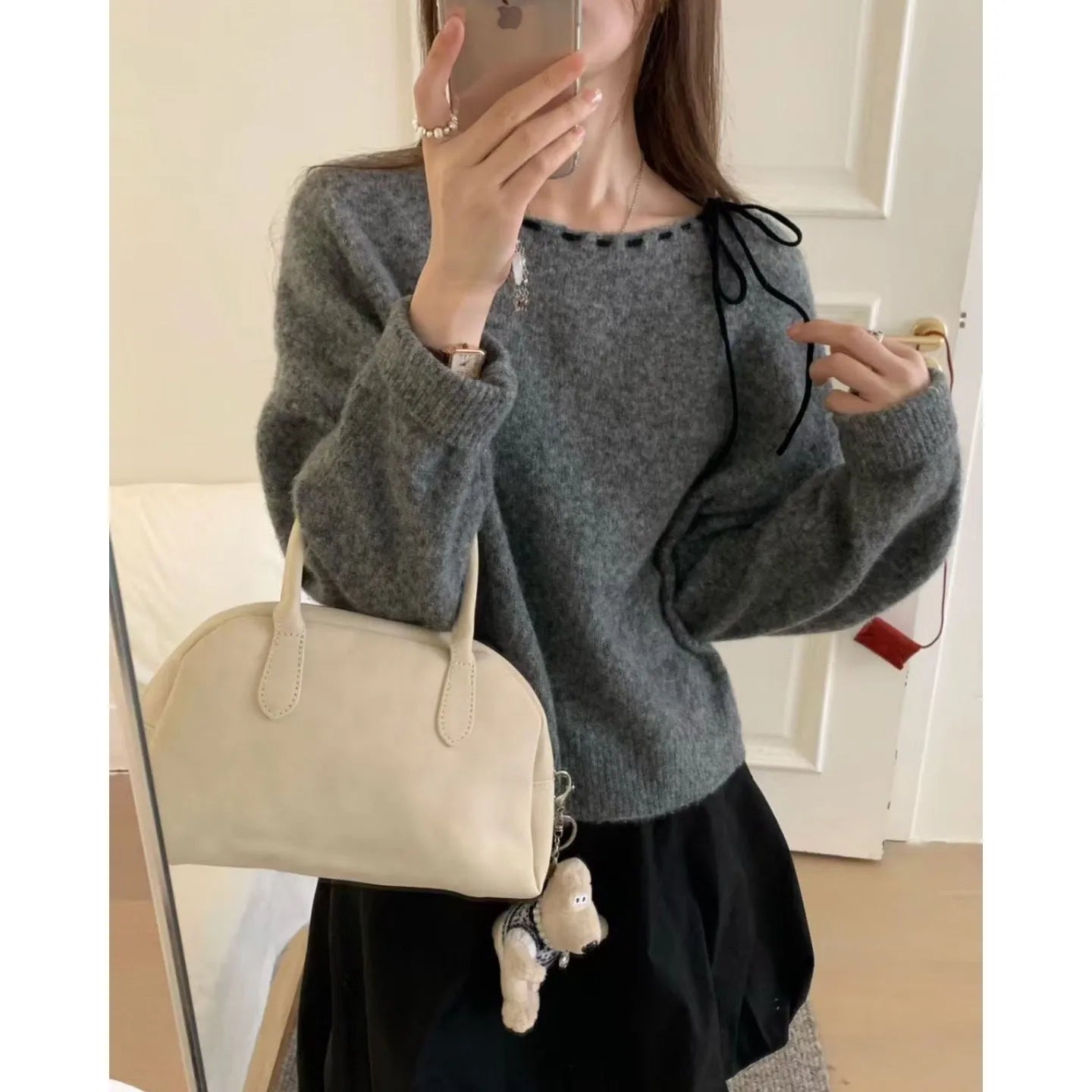 Women's loose-fitting grey knitwear pullover jumper made from regenerated cellulose fibre