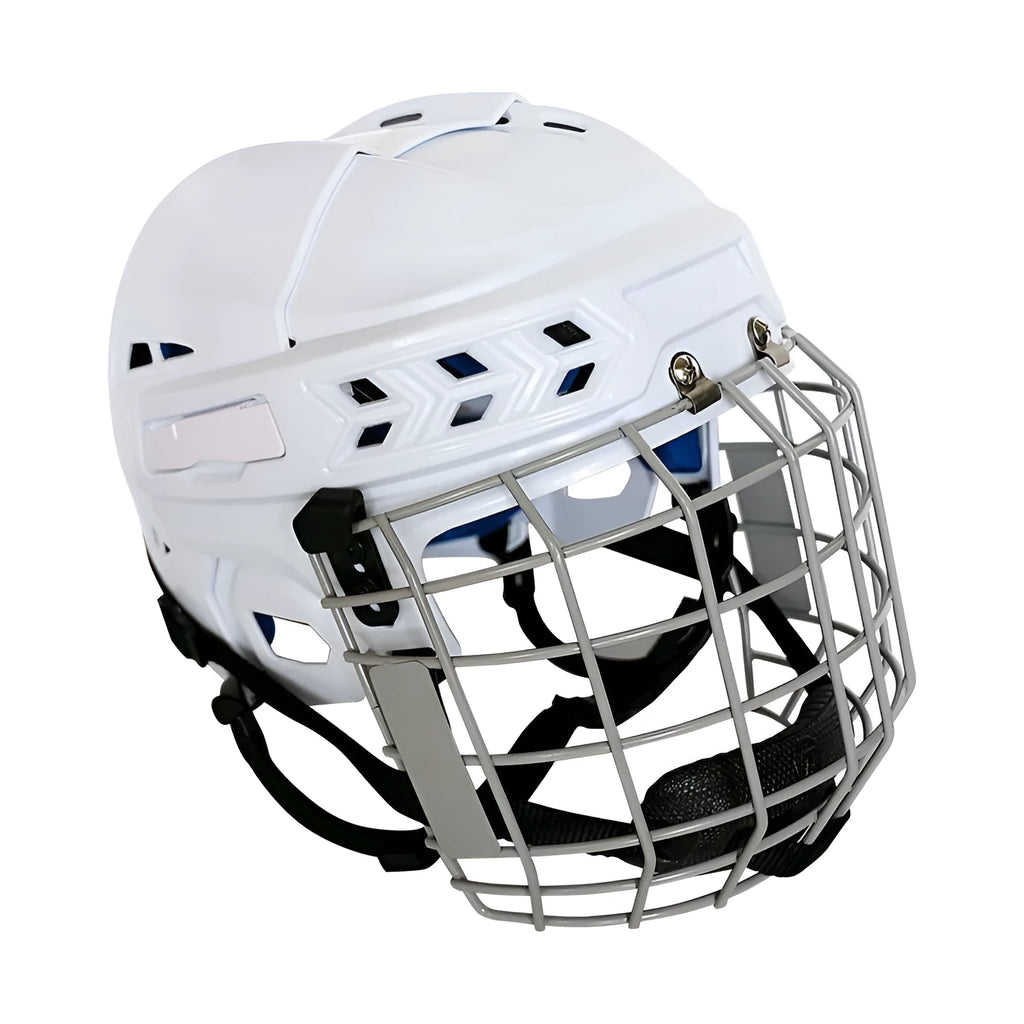 Ice hockey and ball hockey helmet with a carbon steel face mask, shown in a side view.
