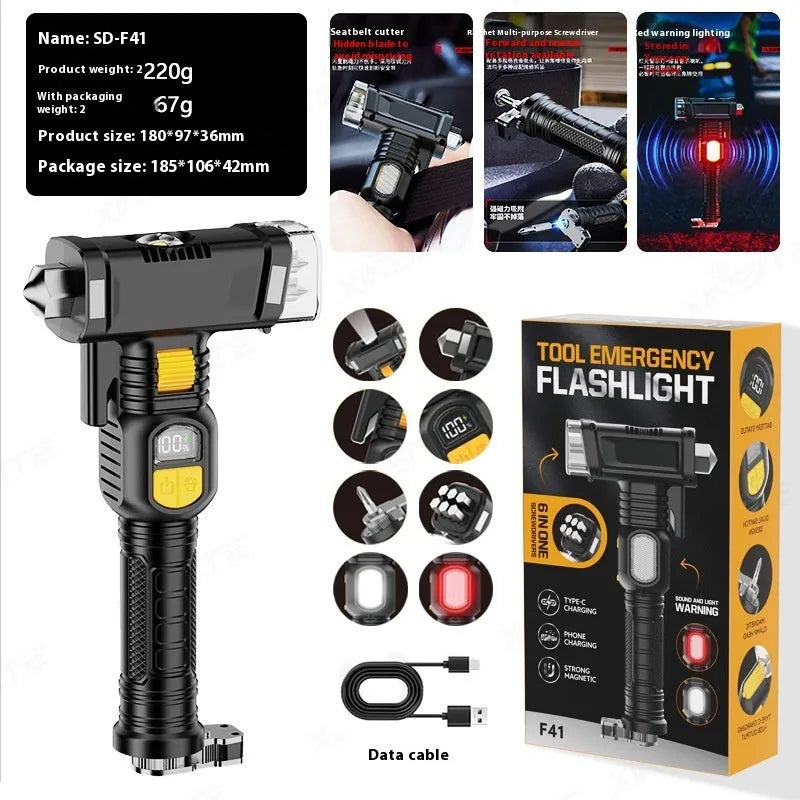 Multi-function automobile safety hammer flashlight with red warning light and black ABS housing