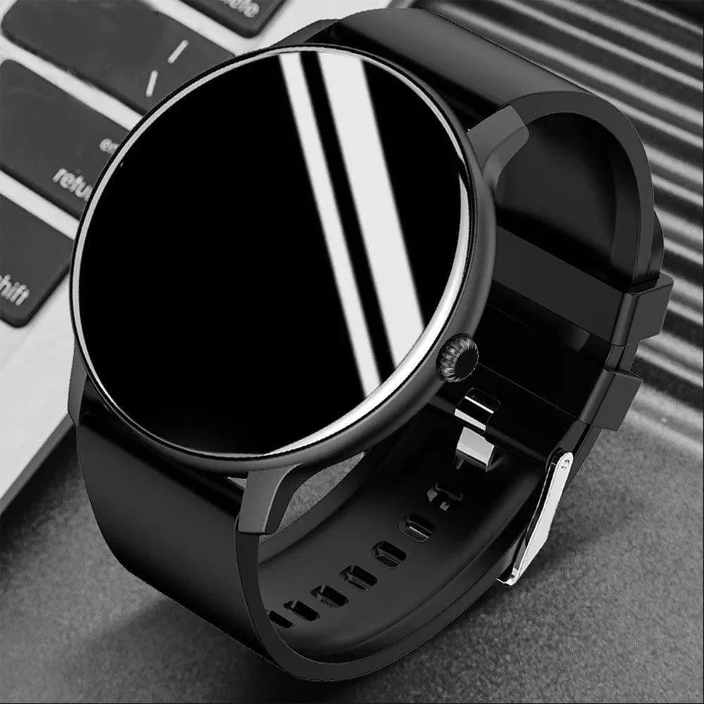 Black smart watch with blood pressure monitoring on a wrist, showing a 1.28-inch touch screen display.