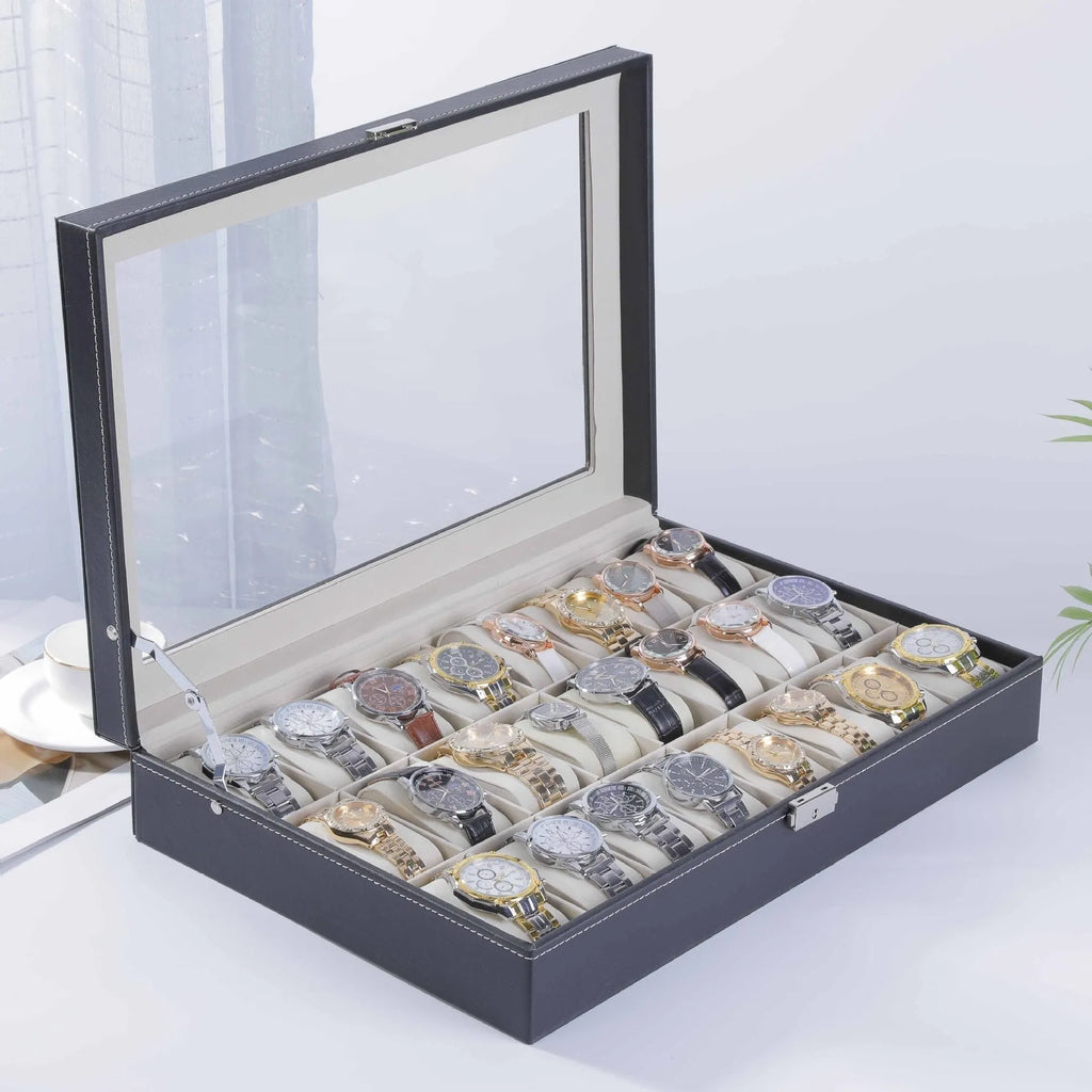 Grey high-grade leather watch storage box with dustproof see-through lid showing multiple watch compartments