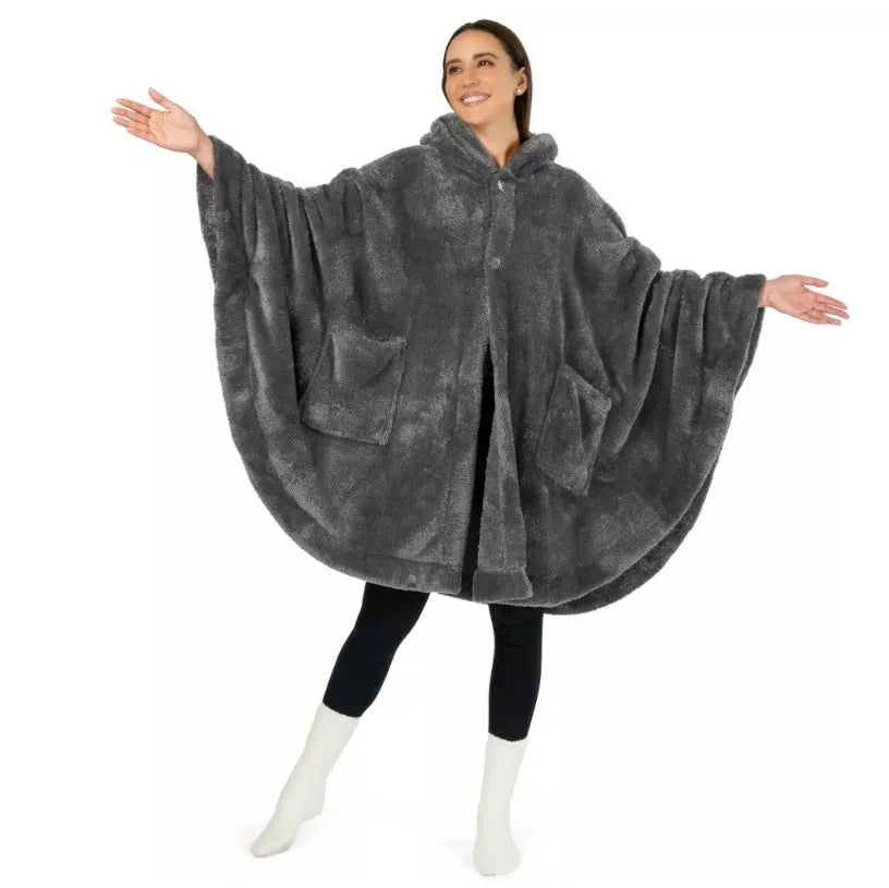Super thick hooded bathrobe cloak in black, dark grey, or pink, showing cardigan style and long sleeves.