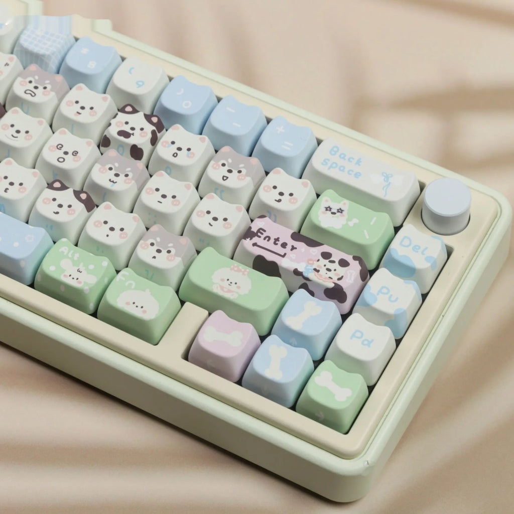 Full set of colourful puppy design PBT plastic key caps for a mechanical keyboard.