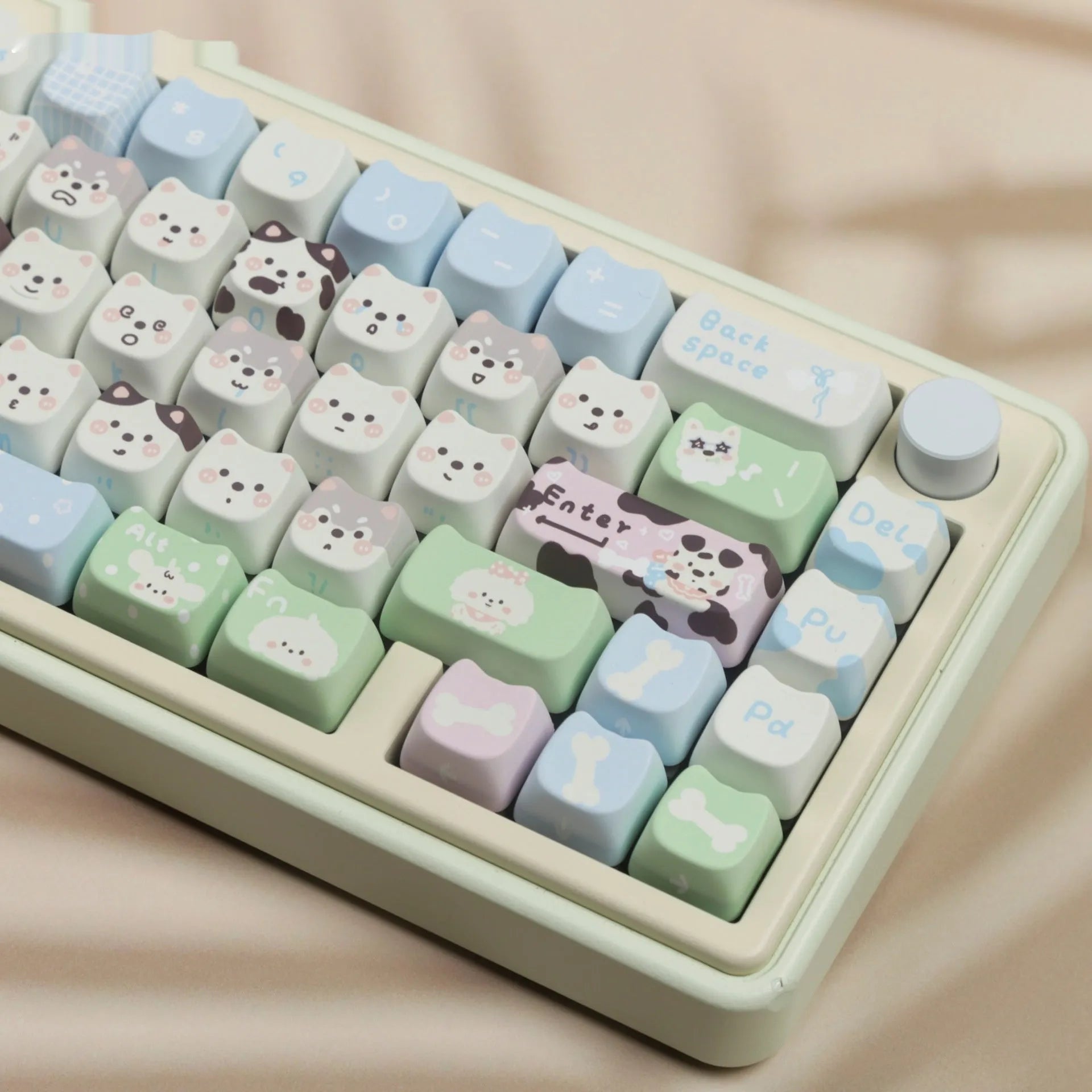 Full set of colourful puppy design PBT plastic key caps for a mechanical keyboard.
