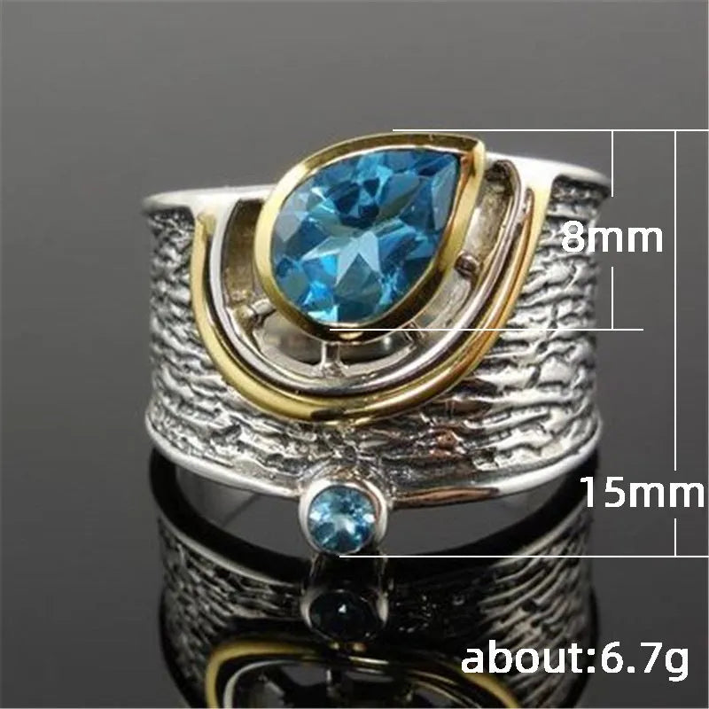 Blue zircon rhinestone ring with drop shape design in Chinese style for women