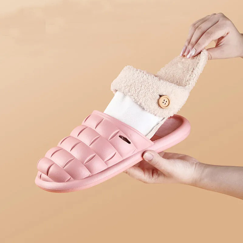 Plaid pattern detachable slippers with EVA sole and plush lining, shown in pink colour.
