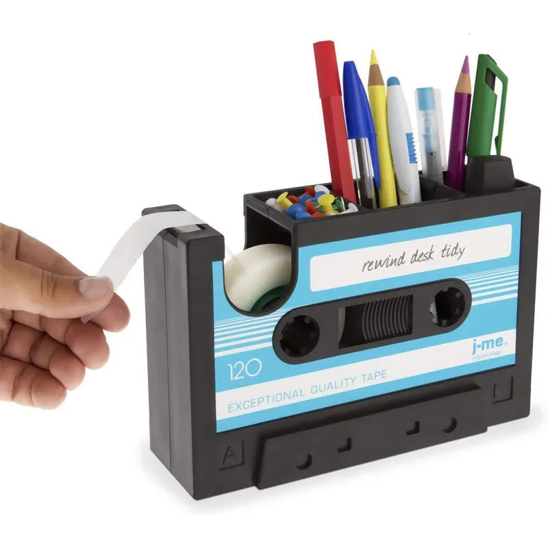 Multifunctional plastic pen holder storage box for desk, 17x5x11.5cm, in blue colour, with pens and phone inside
