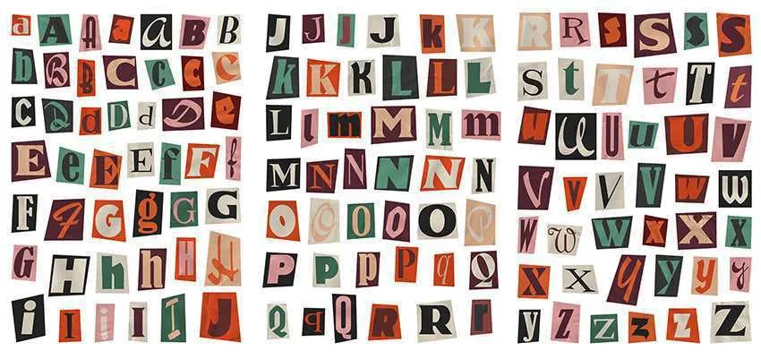 Set of printed cute-style stickers showing English letters A, B, C, D, E, numbers, symbols, and weekly words on a sheet.