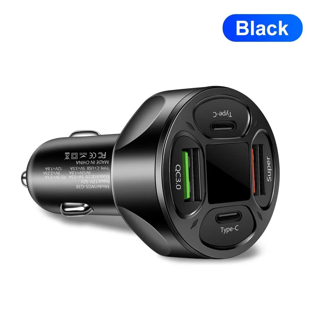 66W black and silver digital display car charger with two USB ports and two Type-C ports