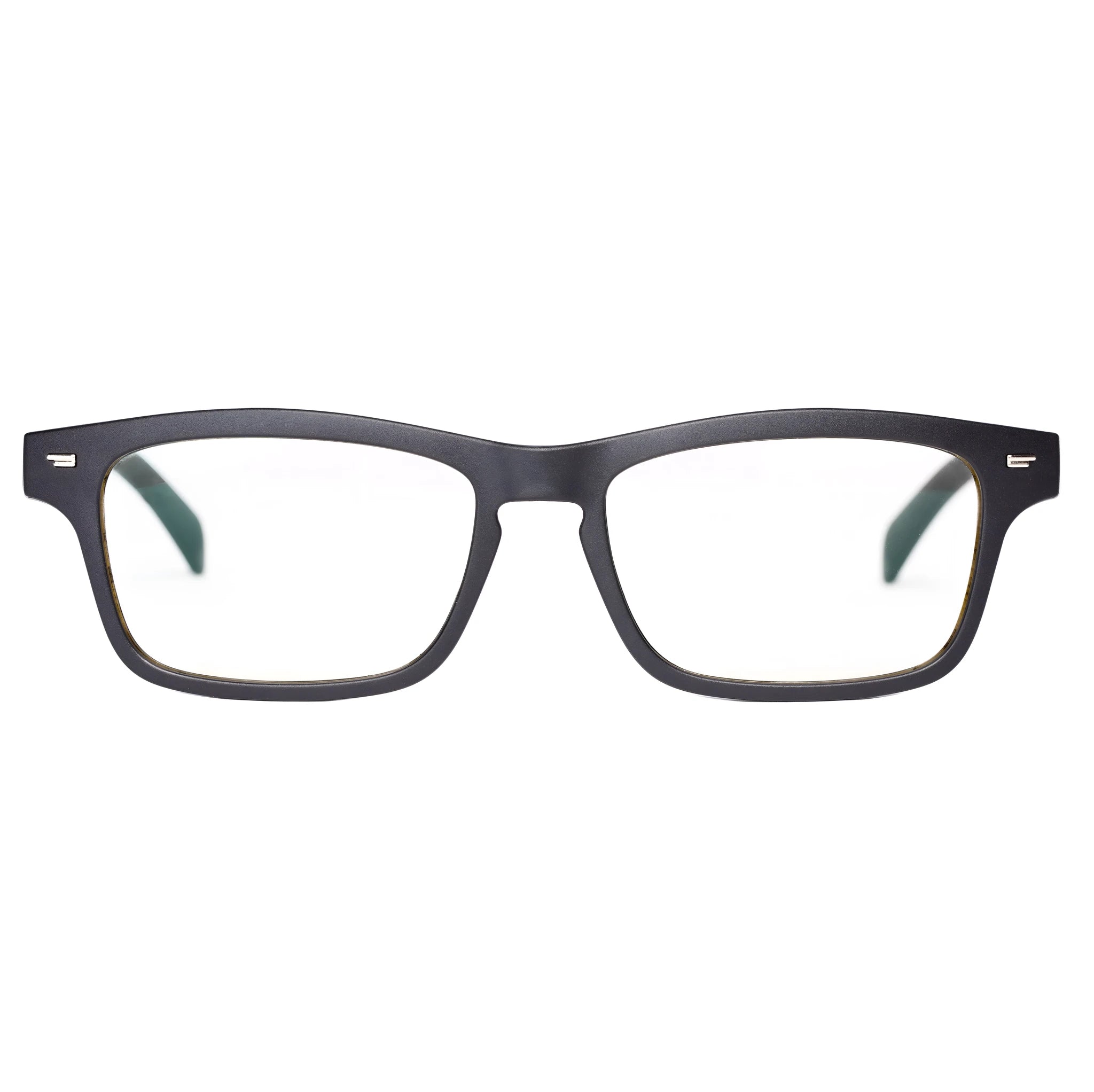 Smart glasses with tinted lenses featuring semi-open ear speakers and a Bluetooth microphone on the frame.