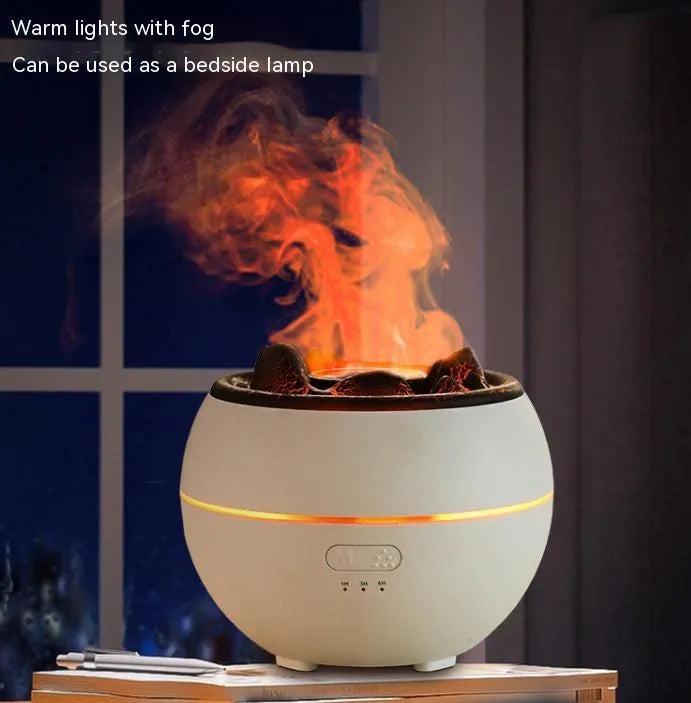 Flame aroma diffuser with timer, 300ml water tank, black crack style, on a wooden desk, with visible USB cable