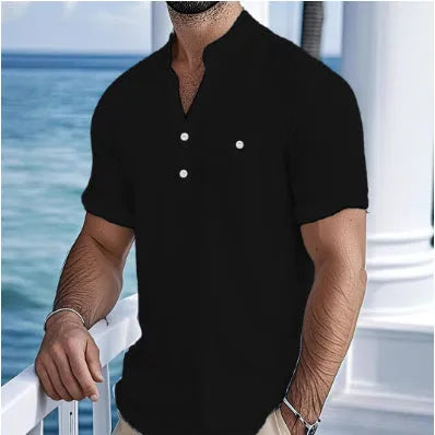 Men's linen stand collar t-shirt in loose fit with short sleeves