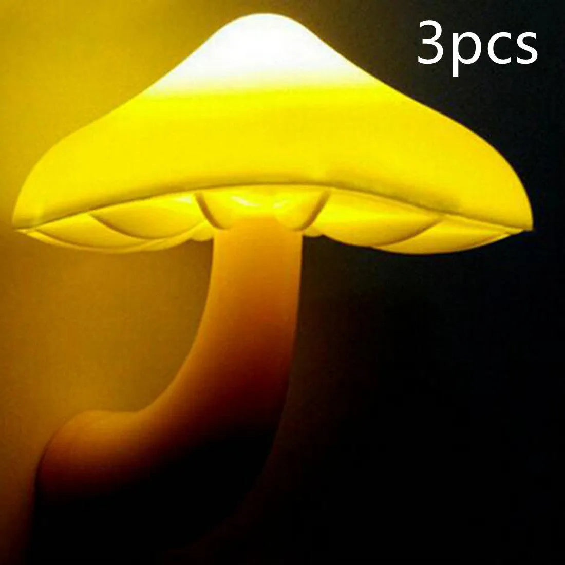 Mushroom-shaped LED night light with light sensor, warm yellow glow, plugging into a wall socket