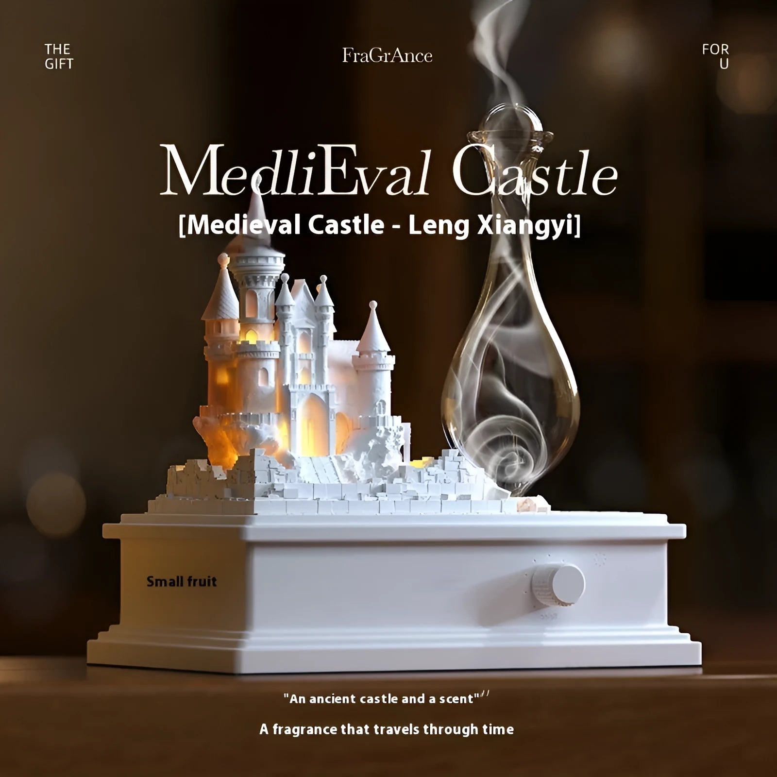 White medieval castle cold fragrance aromatherapy machine with ambient lighting and Type C charging cable