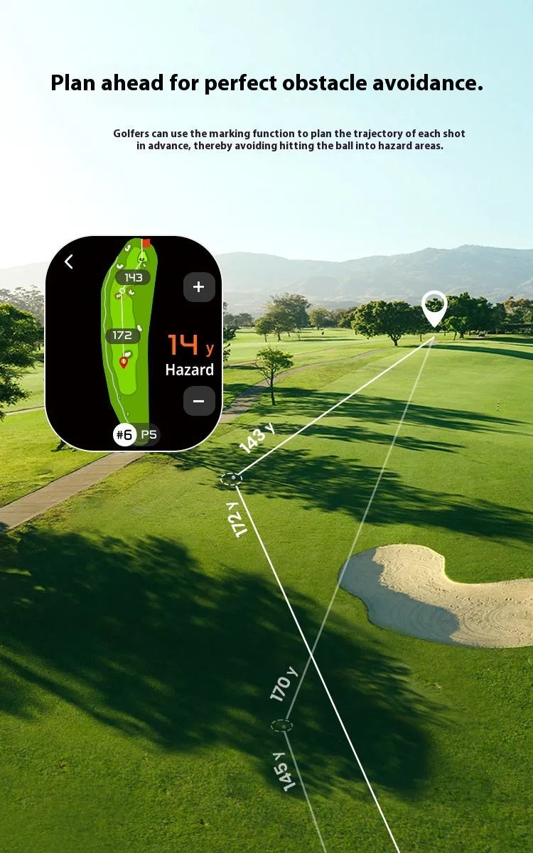 Black GenePro G1 GPS golf rangefinder showing AMOLED display and objective lens